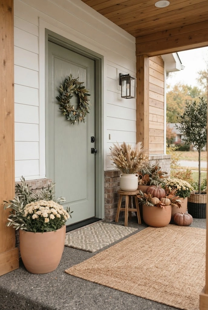 Muted sage and rust autumn porch with cream mums, pumpkins, and layered woven doormats.