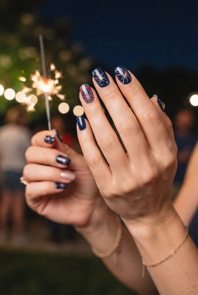 Navy Fourth of July nails featuring delicate red, white, and silver firework designs.