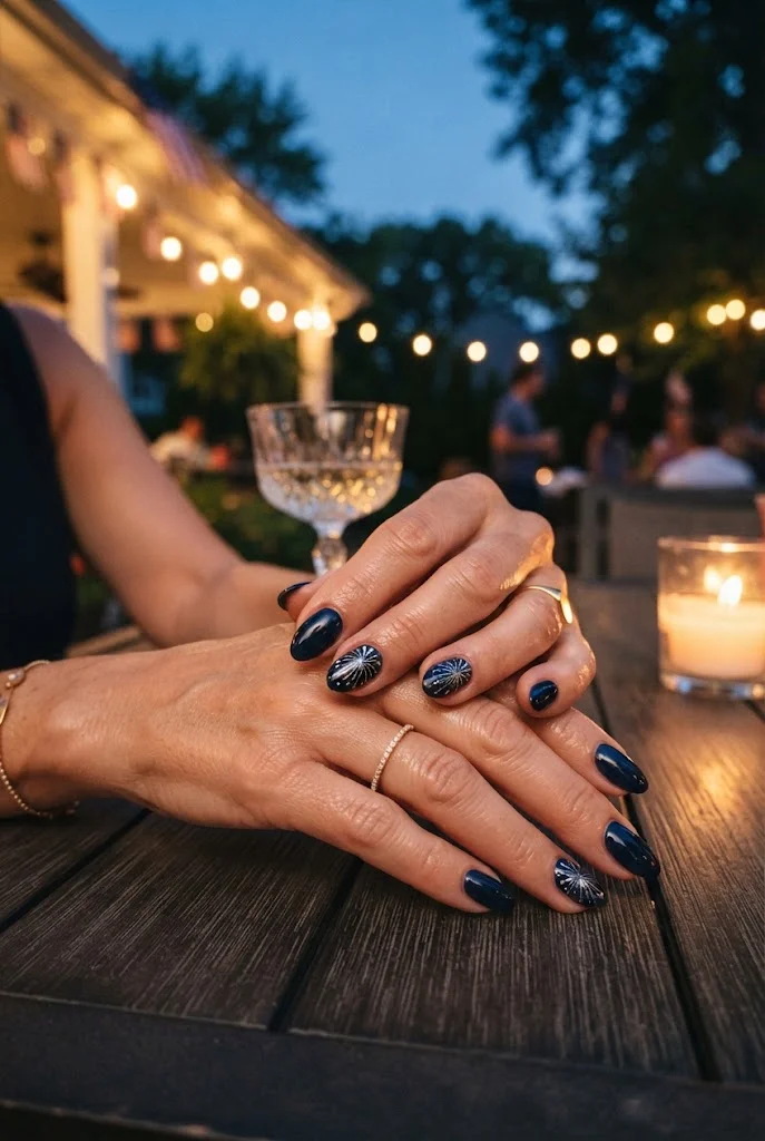 Navy Fourth of July nails with delicate silver firework accents.