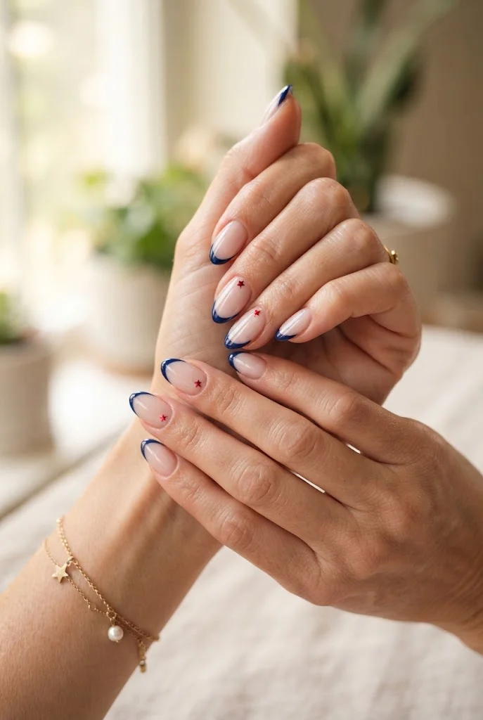 Navy French tip nails decorated with tiny red stars.
