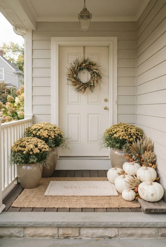 Neutral autumn porch with dusty yellow mums, white pumpkins, and layered cream doormats.