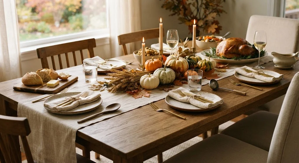 Oatmeal linen Thanksgiving table runner styled with pumpkins, wheat, leaves, and natural serving pieces.