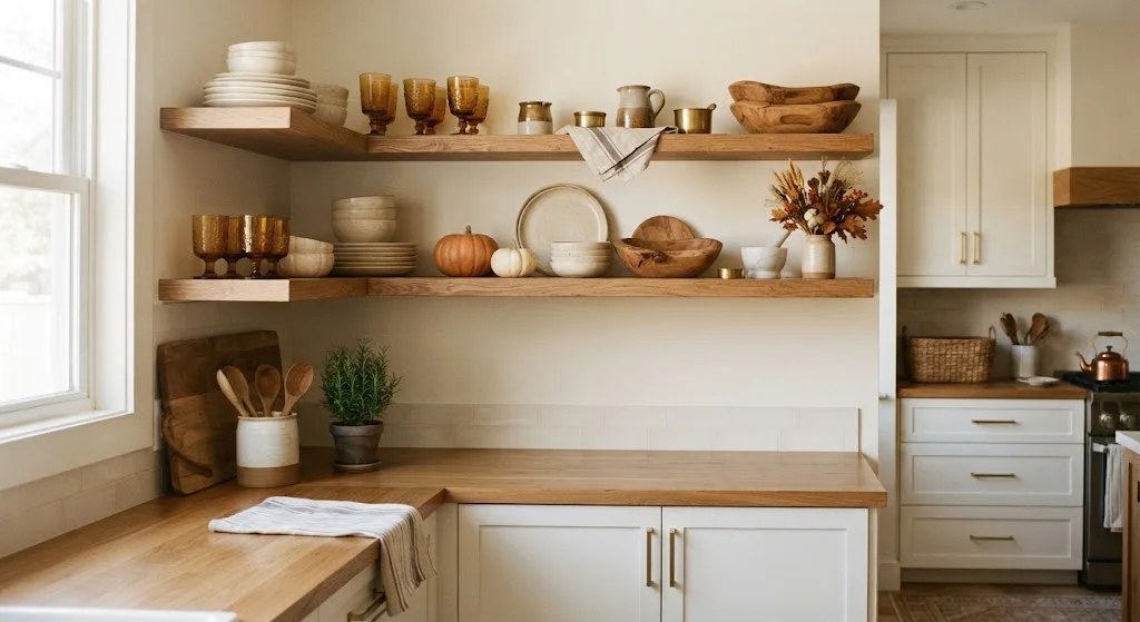 Open kitchen shelves decorated with cream ceramics, amber glass, pumpkins, and autumn stems.