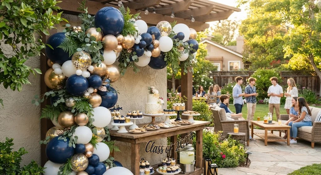 Organic balloon garland decorating an outdoor dessert table at a backyard graduation party.
