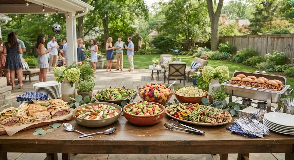 Outdoor graduation buffet with sandwiches, salads, fruit, side dishes, and serving dishes.