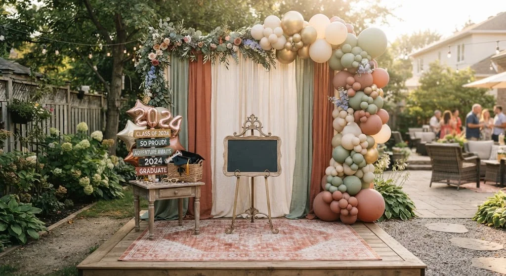 Outdoor graduation photo booth with fabric backdrop, greenery, balloons, and party props.