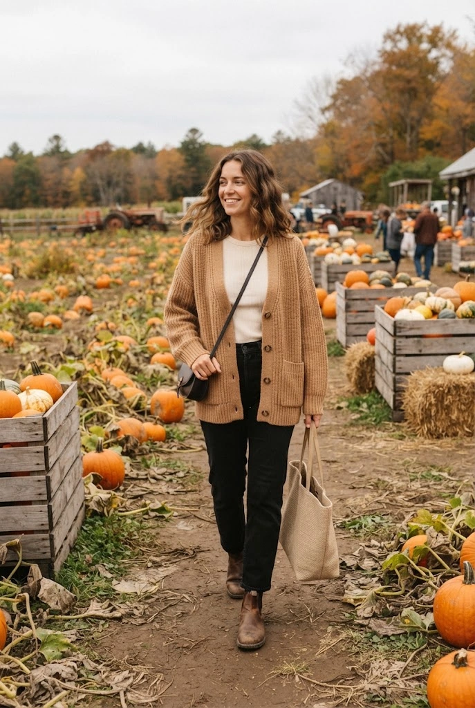 Camel oversized cardigan styled with black jeans and Chelsea boots at a pumpkin farm.