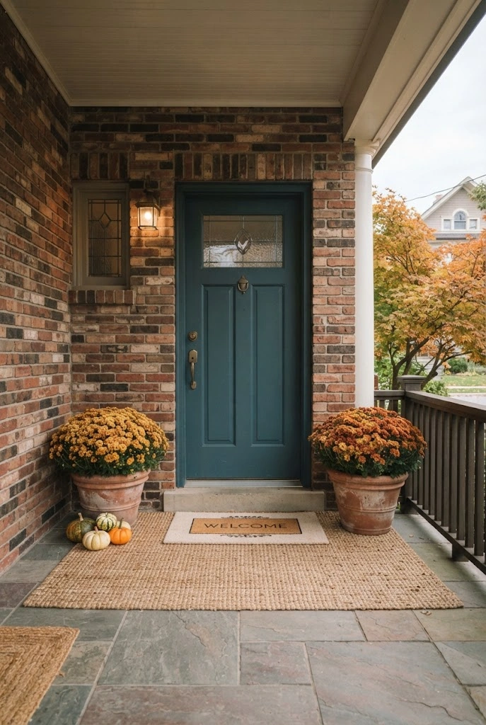 Brick front porch with oversized terracotta pots of autumn mums and layered neutral doormats.