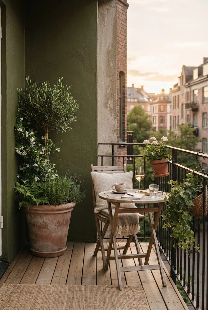 Small balcony with a deep olive accent wall and light wood furniture.