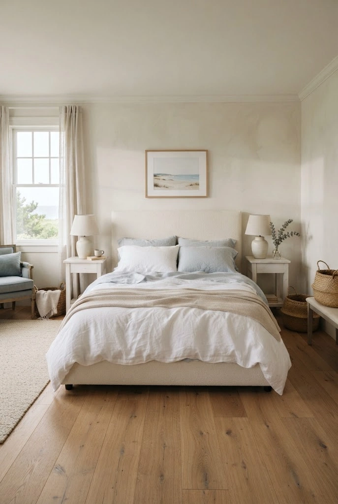 Neutral coastal bedroom with warm white walls, natural oak flooring, linen bedding, and pale blue accents.