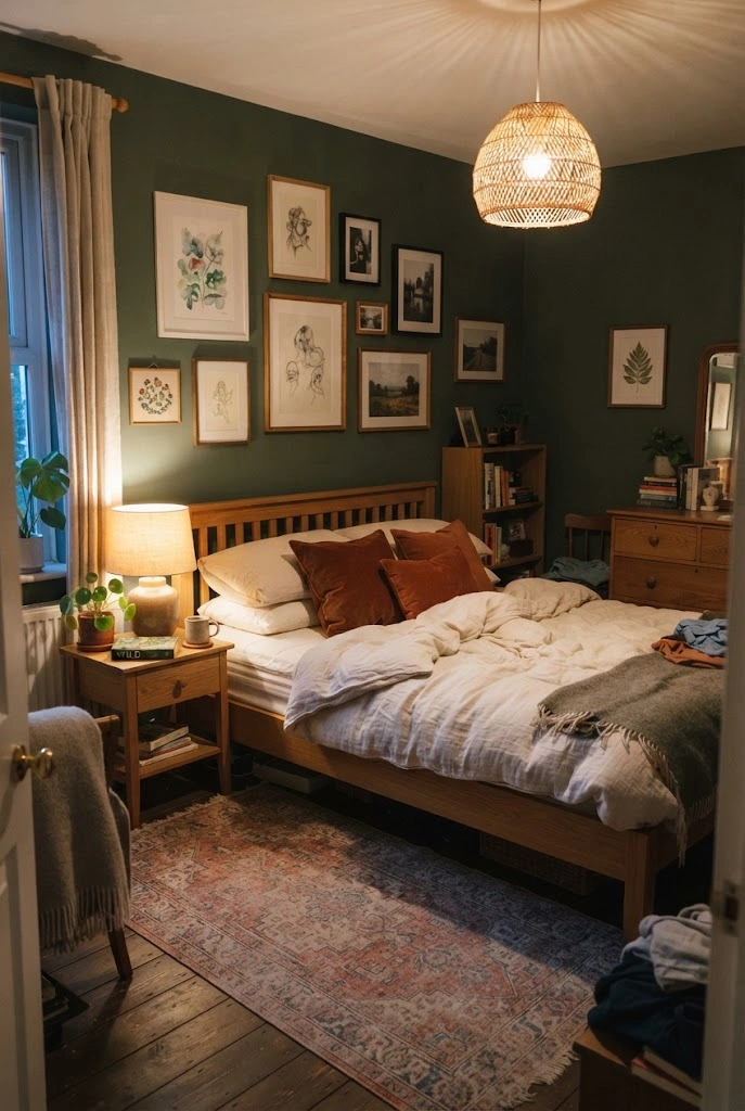 Moody green bedroom with warm wood furniture, cream bedding, and eclectic textiles.