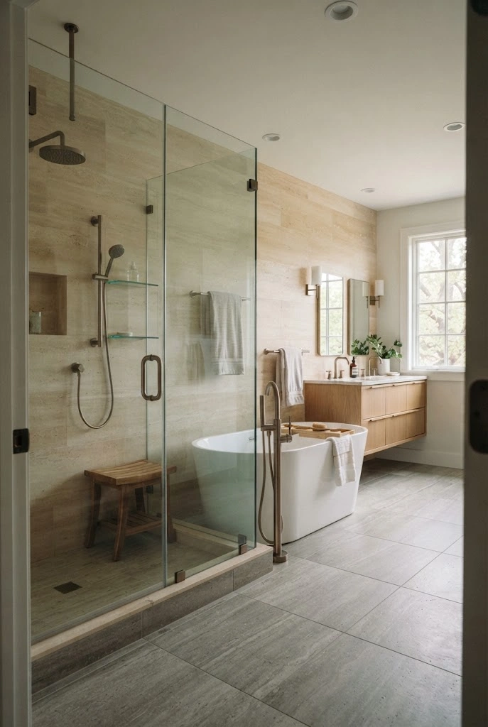 Large frameless walk-in shower paired with a compact soaking tub in a spa-inspired master bathroom.