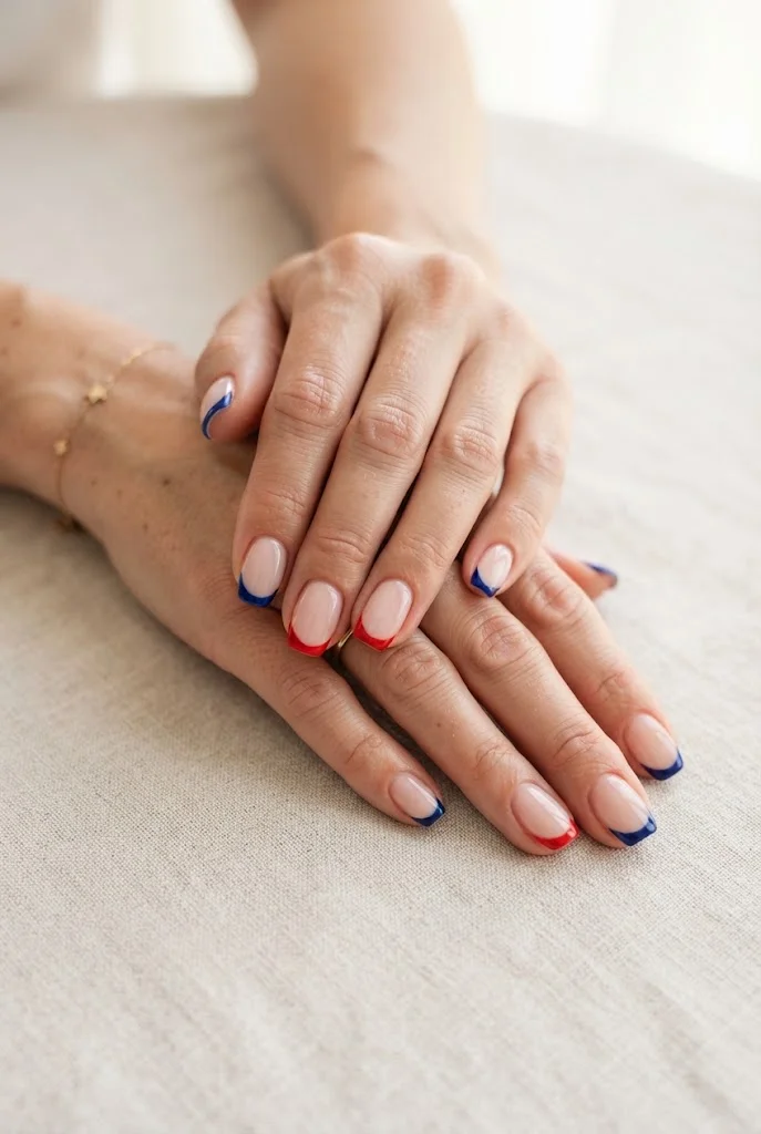 Patriotic French tip nails with red, white, and navy-blue curved tips.