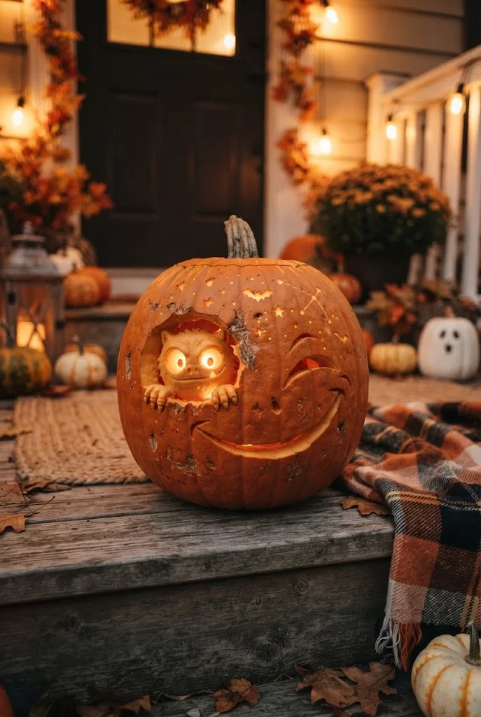 Playful pumpkin carved with a peekaboo monster face and hands.