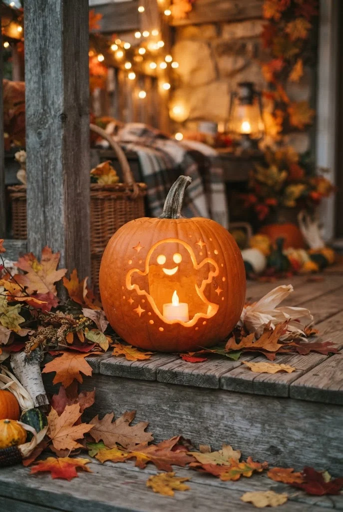 Pumpkin carved with a glowing friendly ghost design.