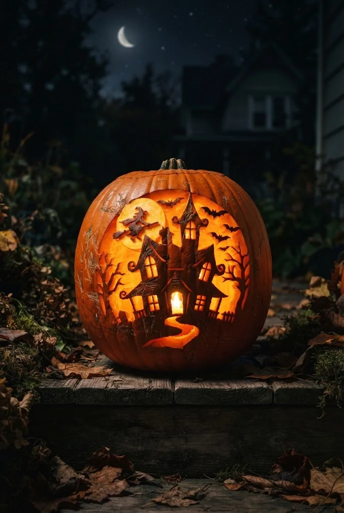 Pumpkin carved with a glowing haunted house and bats.