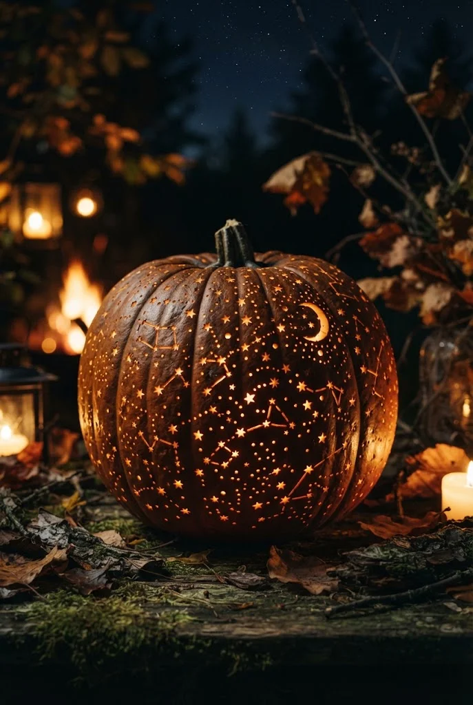 Pumpkin covered in glowing carved stars and tiny night-sky holes.