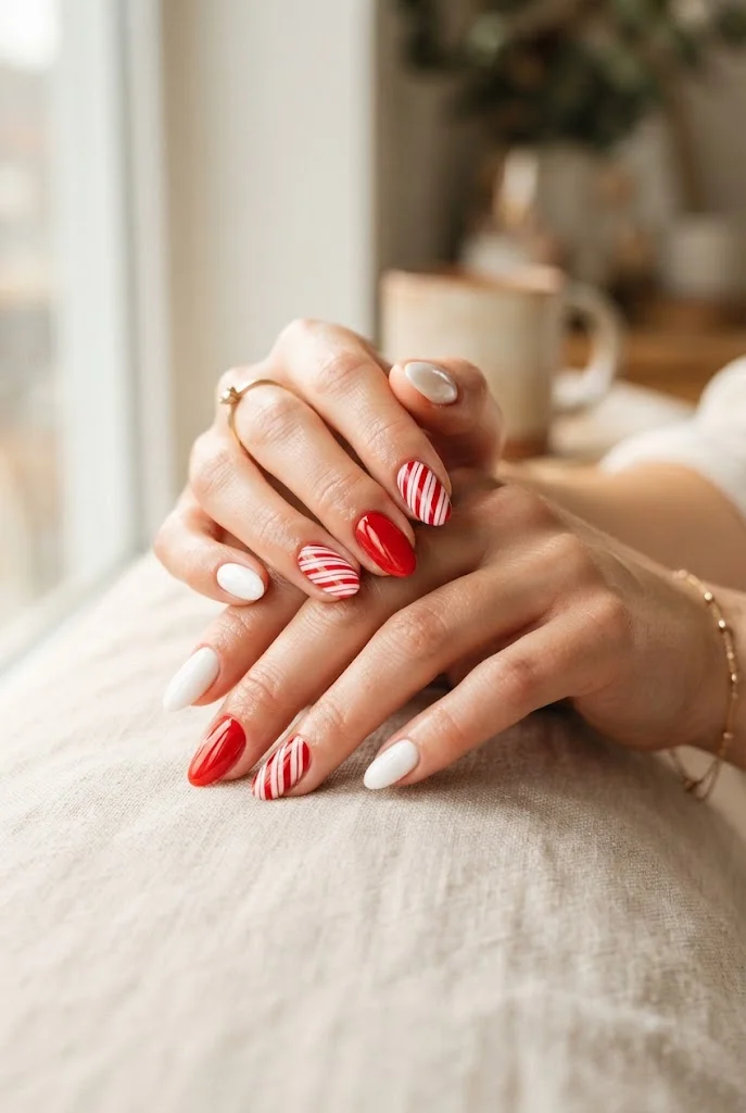 Red and white striped Fourth of July manicure with solid patriotic accent nails.