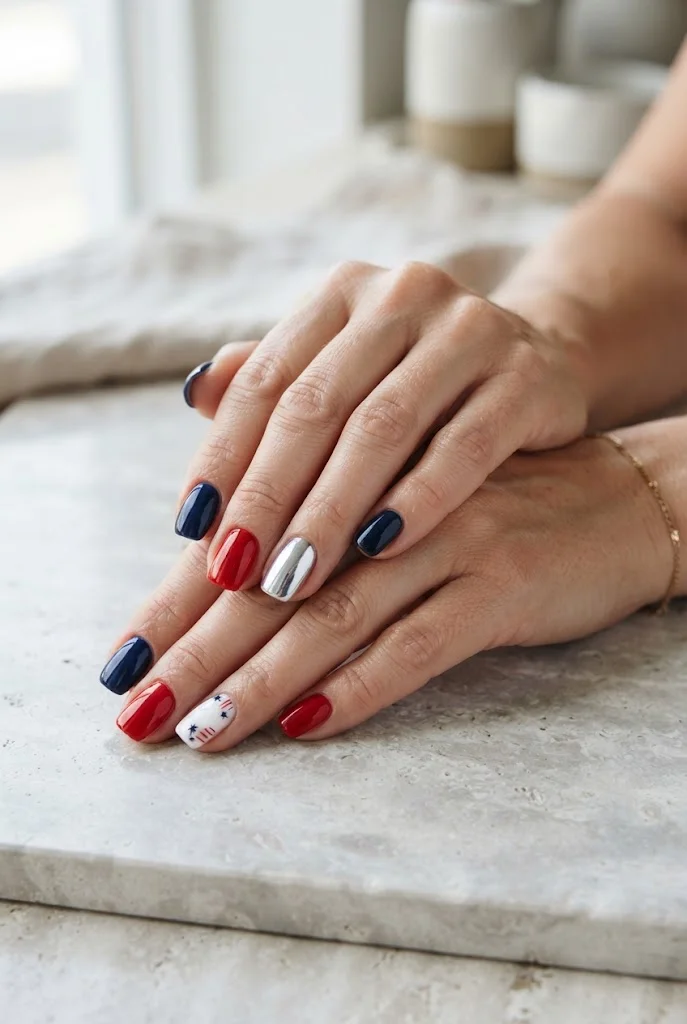 Red, navy, white, and silver chrome nails for a modern Fourth of July look.