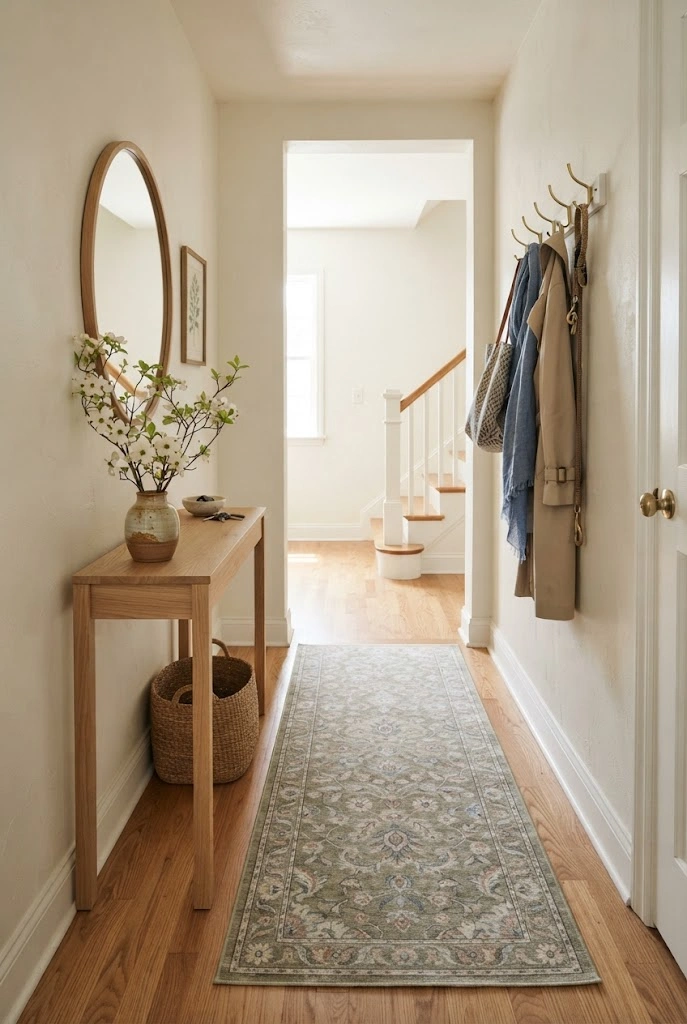 Narrow spring entryway with a floral runner, oak console, and fresh branches.