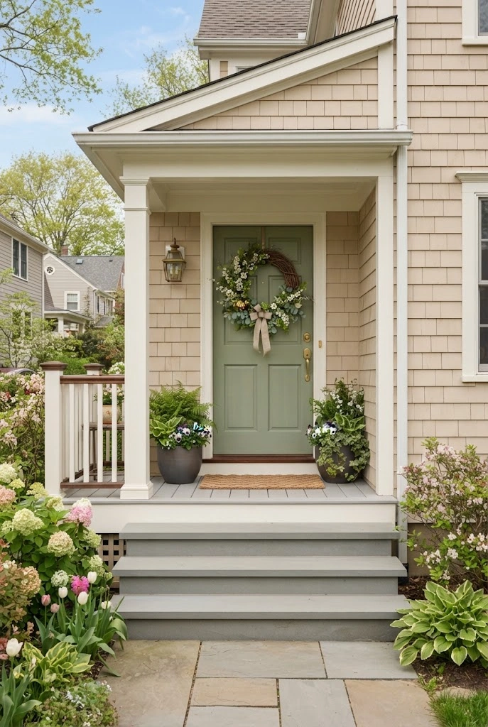 Spring front porch with a natural greenery wreath and simple planters.