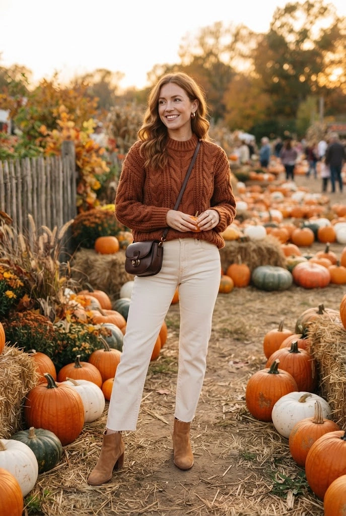 Rust knit sweater with ecru jeans and tan boots at a pumpkin patch.