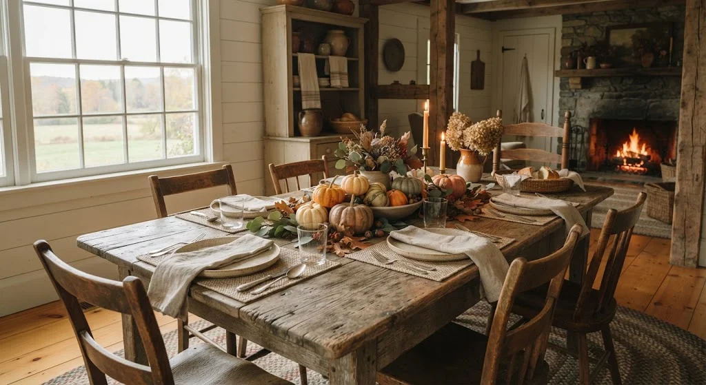 Rustic Thanksgiving table with assorted pumpkins and dried foliage arranged as a low centerpiece.