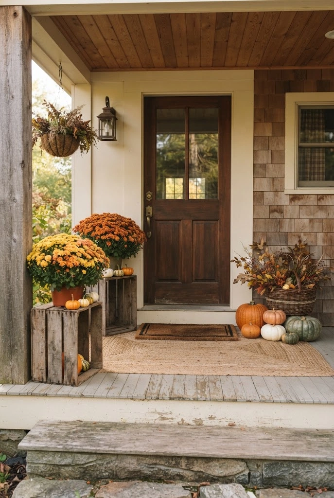 Rustic autumn porch with mums elevated on wood crates, pumpkins, basket, and layered doormats.