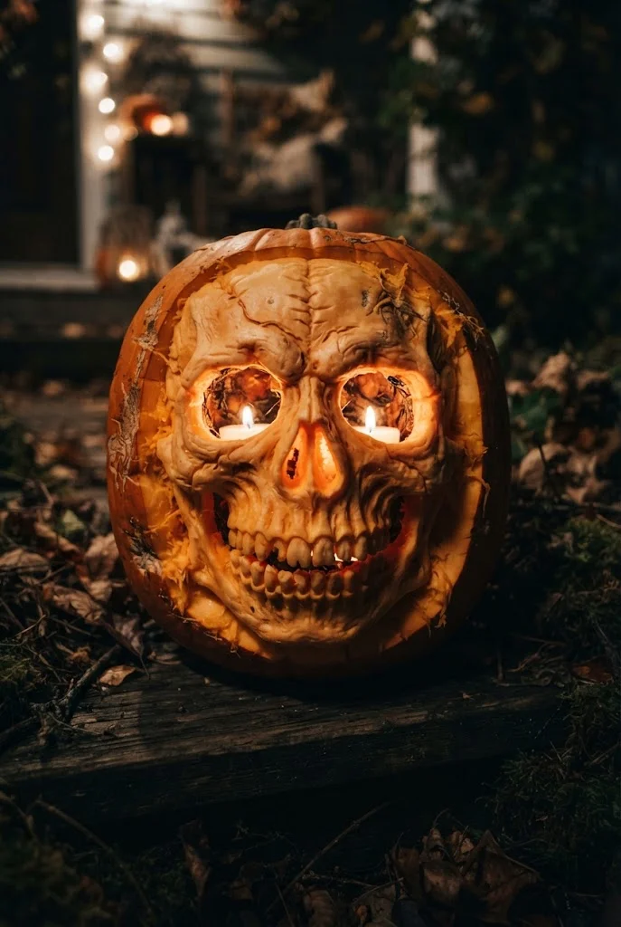 Skull-inspired pumpkin carving with glowing eyes and teeth.