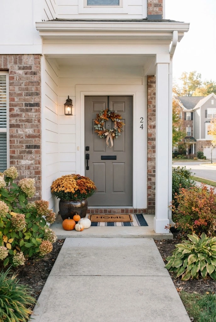 Small townhome entry with a layered runner, golden mums, small pumpkins, and autumn wreath.