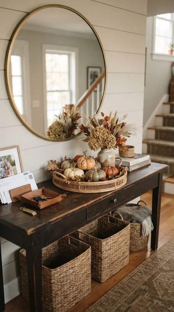 Small Thanksgiving pumpkin display on an entryway console with dried autumn stems.