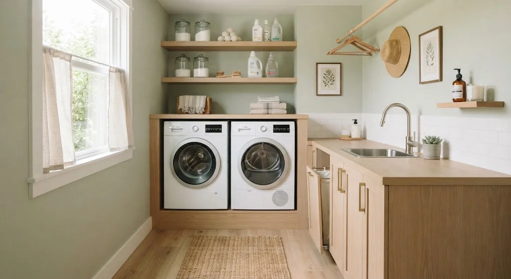 Small bright laundry room with pale cabinetry and organized storage.