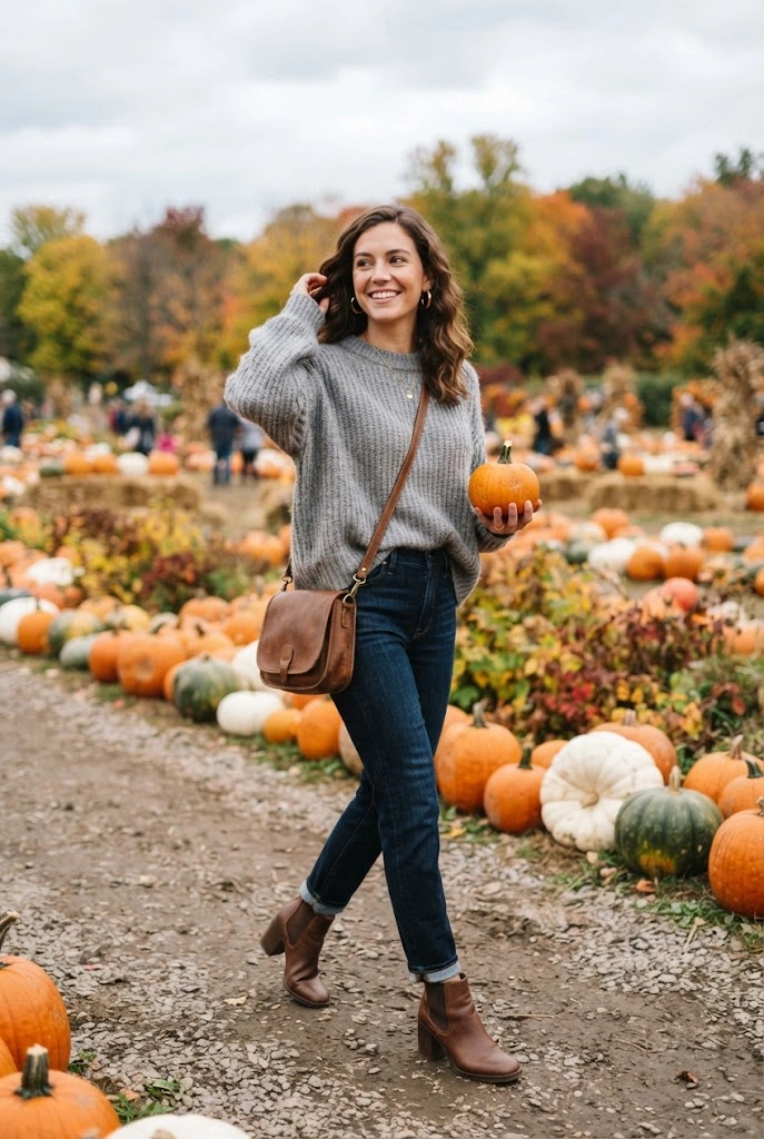 Soft gray sweater with dark jeans and brown boots at a colorful pumpkin patch.