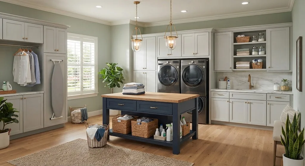 Spacious laundry room with a central island and folding surface.