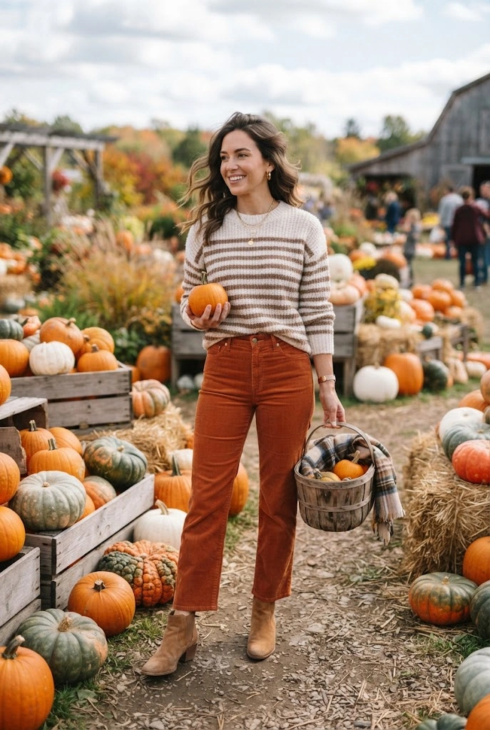 Striped sweater styled with rust corduroy pants and tan ankle boots.