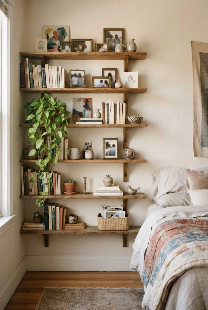 Open bedroom shelves styled with books, ceramics, artwork, photographs, and a plant.