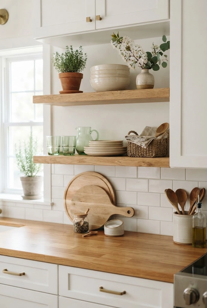 Open kitchen shelves styled with pale ceramics, greenery, wood, and spring accents.