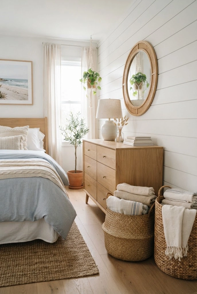 Large woven storage baskets holding blankets beside a pale wood dresser in a coastal bedroom.