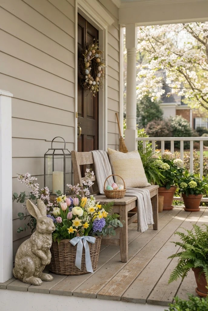 Bunny statue, woven basket, flowers, and lantern arranged in an Easter porch corner.
