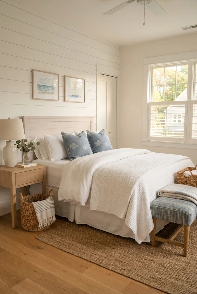 Welcoming coastal guest bedroom with white bedding, muted blue pillows, pale wood furniture, and woven accents.