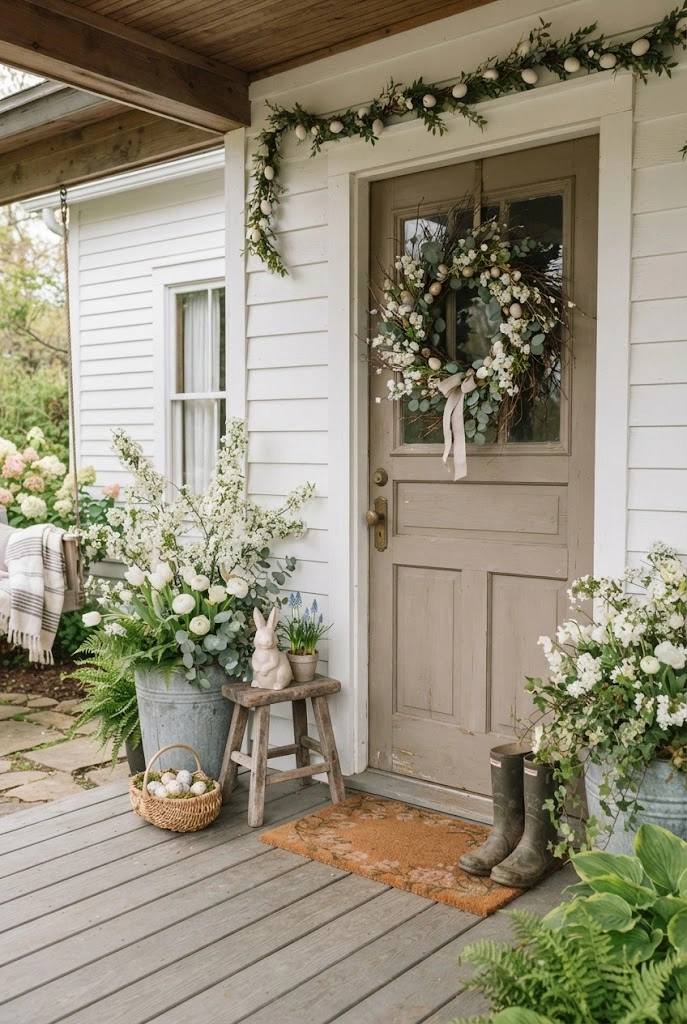 Farmhouse Easter porch with galvanized planters, baskets, flowers, and bunny decor.