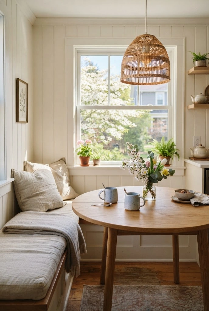 Spring breakfast nook with linen cushions, fresh flowers, oak table, and blue ceramics.