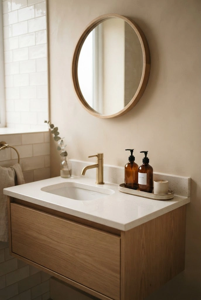Small ceramic tray organizing soap, lotion, and a candle on a bathroom vanity.
