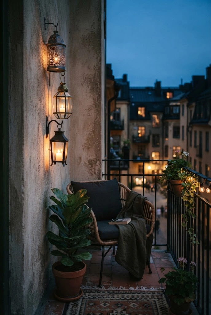 Vertical arrangement of lanterns creating warm evening ambiance on a balcony wall.