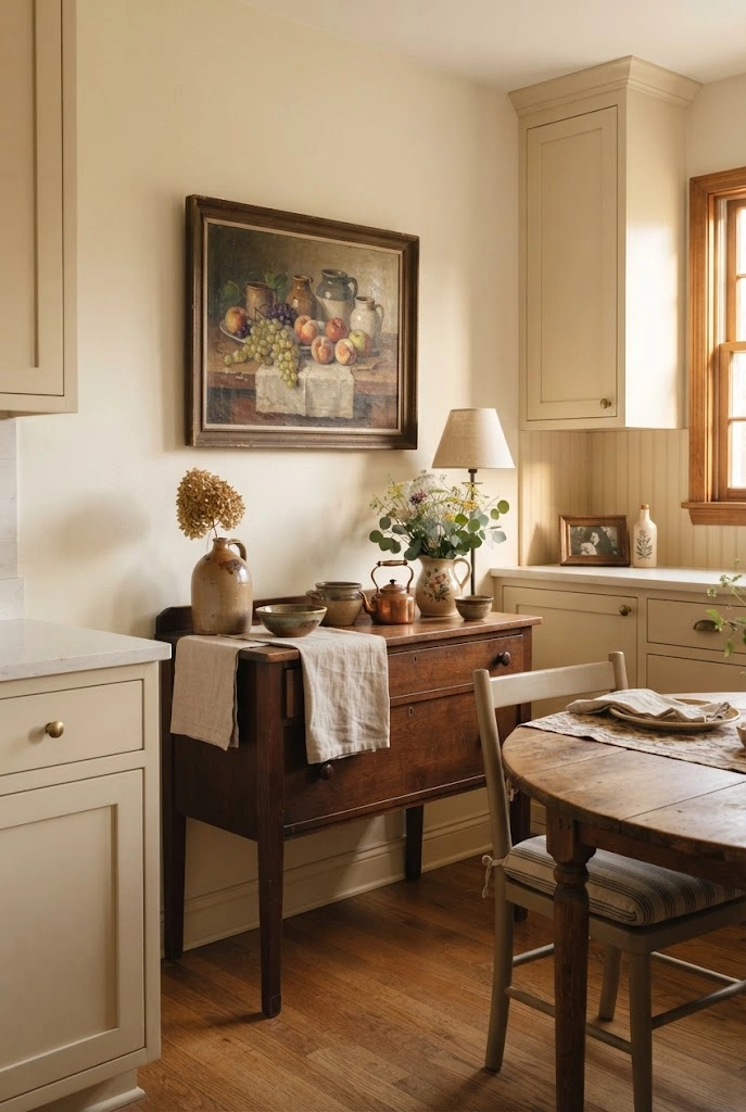 Vintage fruit still-life painting in an aged wood frame above a kitchen sideboard.