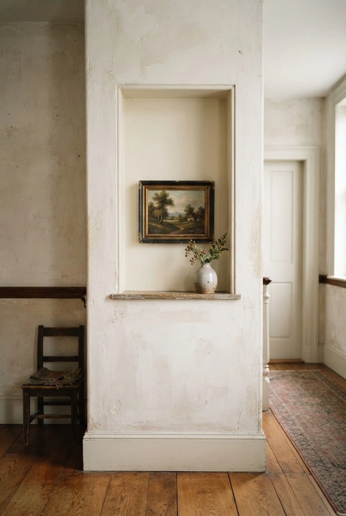 Vertical arrangement of vintage botanical ceramic plates on a dining room wall.