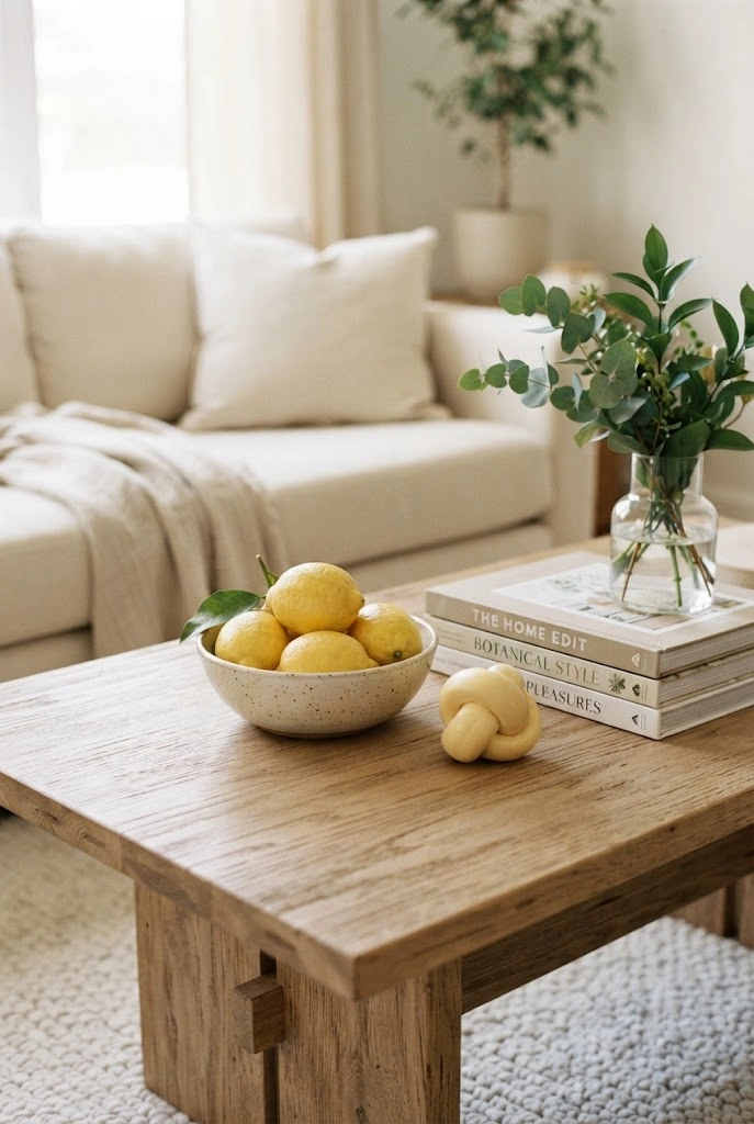 Spring coffee table styled with lemons, greenery, neutral books, and subtle yellow accents.