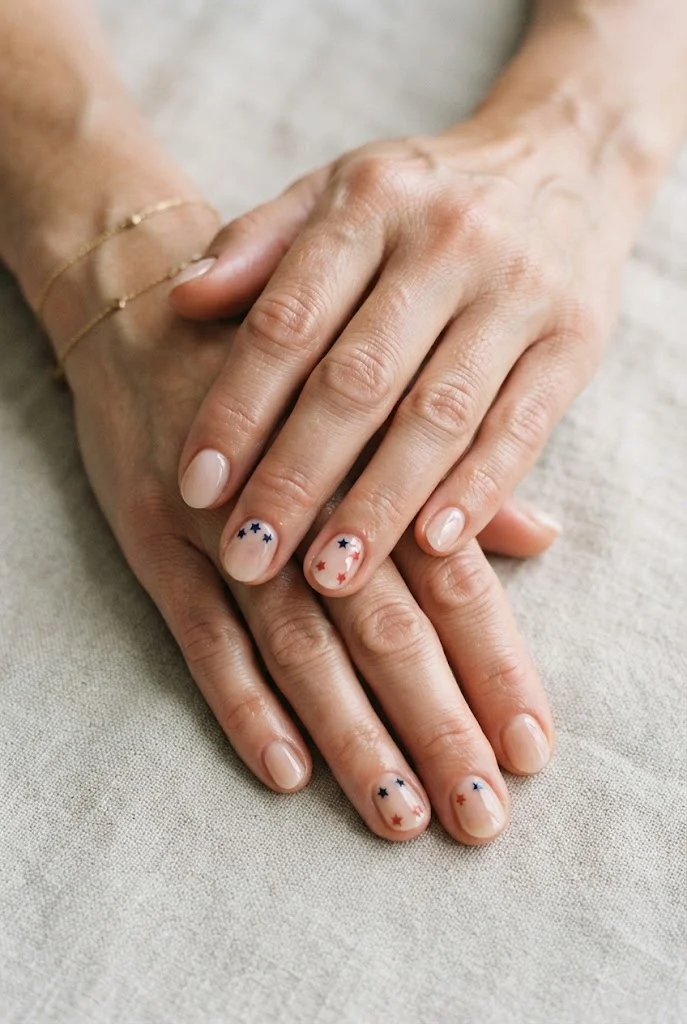 Subtle nude Fourth of July nails with tiny red and blue accents.