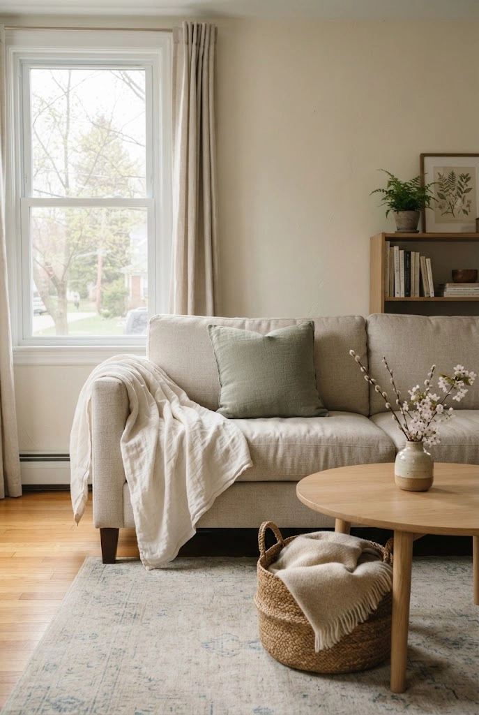 Neutral living room with a lightweight linen throw and fresh spring accents.