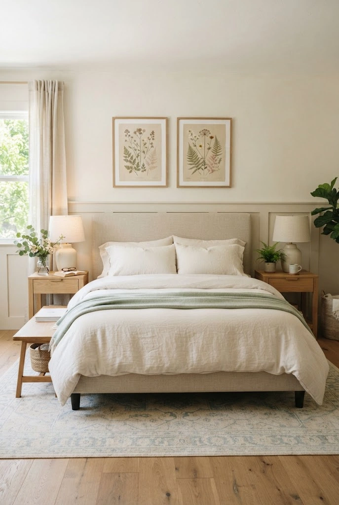 Spring bedroom with botanical artwork, sage textiles, and natural wood accents.